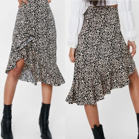 Nasty Gal Leopard Print Midi Skirt High Low High Waisted Black Cream Womens 6 - Picture 1 of 7